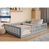 Kids Collective Kinderbett Bodenbett Bett mit Rausfallschutz & Lattenrost Montessori Bett Kinder (Jungen, Mädchen, Kinder, weitere Größen 80x160, 80x180, 90x190, 90x200, 120x200 cm), Jugendbett Einzelbett mit Matratze Aschgrau Kiefer 140x200 cm