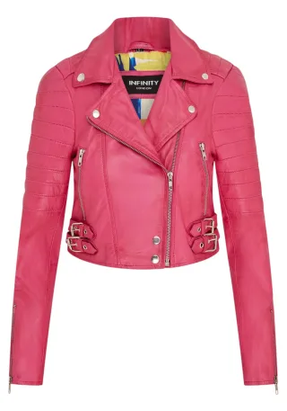 Damen Fuchsia Pink Kurze Brando Leder Bikerjacke-Damaskus