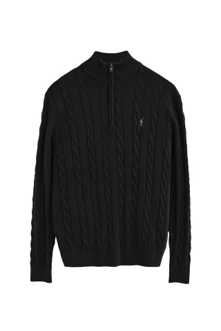 Strickpullover schwarz mit Zopfmuster aus Wollgemisch mit halbem Reißverschluss und gesticktem Rigby Go-Logo