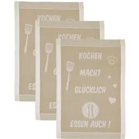 ROSS Geschirrtuch Kochen macht glücklich... Essen auch, (Set, 3-tlg), Sprüchetuch, aus 100% Baumwolle
