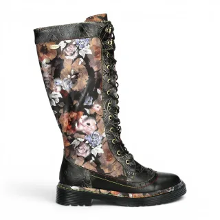 Laura Vita Damen-Maroon-Gothic-Floral-Schwarze Leder-Knie-Schnürstiefel – Incaso-50