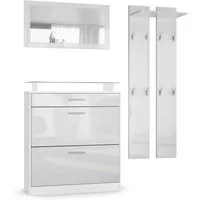 Vladon Garderoben-Set Loret, (Garderobe Set bestehend aus 1 Schuhschrank, 1 Wandspiegel, 2 Garderobenpaneele), Weiß matt/Weiß Hochglanz (Schuhschrank 89 x 104 x 23 cm)