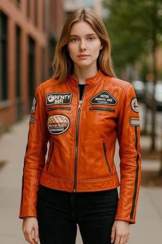 Damen Orange Biker Racing Badges Lederjacke-Eastleigh