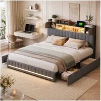 Furnishings Home Polsterbett 140x200 cm Stauraumbett LED Doppelbett (1 tlg, Geeignet für Jungen und Mädchen, Mit große Stauraum), mit Lattenrost und Ladefunktion, mit Komforthöhe, Leises Design Bett