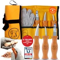 Eli Taschenmesser Schnitzmesser Kinder - Kindermesser - Schnitzset - Kindertaschenmesser, (Schnitzwerkzeug - Outdoor Messer, 5 St., Kinderschnitzmesser - Griffe aus Buchenholz), inkl. schnittfeste Handschuhe - Beidhändig - rostfreier Stahl