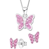 Limana Schmuckset Kinder Mädchen 925 Silber Ohrringe mit Kette Kinderschmuck Set, Zirkonia Schmetterling Ohrstecker Halskette