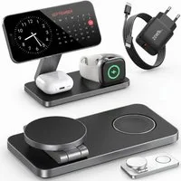 GreenHec Ladestation Apple Watch iPhone 3in1 MagSafe Ladegerät Wireless Charger Wireless Charger (3000 mA, Spar-Set, 3in1 PowerBase + USB-C Kabel + 20w Dual Charger, 17 16 15 14 13 12 Pro Max Air Charging Station Induktionsladegerät)