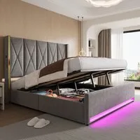 TavilaEcon Boxspringbett Veloursbett mit hohem Kopfteil, Seitentaschen & USB (1-St), mit hydraulischem Hebelsystem & großem Unterbett-Stauraum, grau/beige