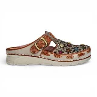 Laura Vita Damen-Sandalen Dorry 01 mit floralem Muster, beigefarbenem Leder und Keilabsatz
