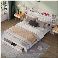ADWOLT Polsterbett Doppelbett Stauraumbett mit LED-Licht (Bettgestell, 1-tlg., Mit Kopfteil und Lattenrost), 140x200 cm,Kopfteil mit Ablagefach,2 Schubladen,USB+Typ C+Steckdose