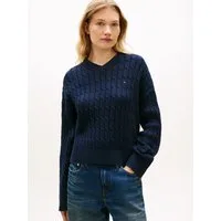 Tommy Hilfiger Strickpullover CO CABLE MID GG RLX LS V-NK SWT mit Zopfmuster