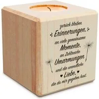 GRAVURZEILE Teelichthalter mit Gravur aus Holz - Grabschmuck - Trauergeschenk - Trauerlicht, - zurück bleiben Erinnerungen