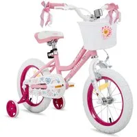JOYSTAR Kinderfahrrad 12 14 16 18 Zoll Mädchenfahrrad, 3 - 9 Jahre,Geschenk für Prinzessin, 1 Gang, Mit Hilfsrädern, farbigen Bändern, Korb, Reflektor, Kettenabdeckung