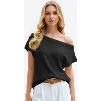 Imily Bela Stricktop Damen One-Shoulder Schulterfrei Kurzarm Rundhals Lässig Oberteil (Packung, 1-tlg., 1per-Pack) gehäkelt in Unifarbe