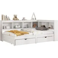 SOFTWEARY Jugendbett mit Lattenrost und Regal (Schubladen, USB Anschlüssen und Steckdosen, 90x200 cm), Einzelbett, Holzbett, Stauraumbett