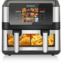 WHEELYOU Heißluftfritteuse 9L, 2000W Airfryer mit Doppel-/Einzelkammer, Sichtfenster & 12 Programmen, 2000 W, 9L Airfryer mit Touchscreen, 360° Heißluft und 12 Programmen