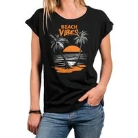 MAKAYA T-Shirt Vintage Damen-Top im Boho Stil – Palmen Sunset & Beachprint (Schwarz, Blau, 34, 36, 38, 40, 42, 44, 46, 48, 50) Baumwolle