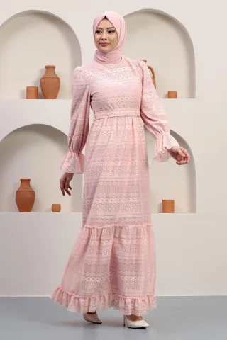 Perlen Detailed Spitzen Abendkleid Puder