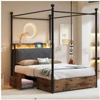 Flieks Himmelbett, Stauraumbett Metallbett 90x190cm mit 2 Schubladen, LED und USB/Typ-C