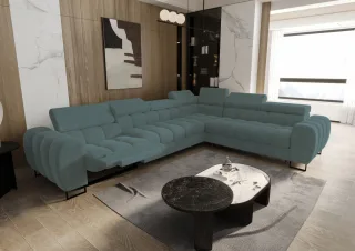 Ecksofa Schlafsofa BASTIEN RELAX in Stoff Terra Flaschengrün Ottomane Rechts