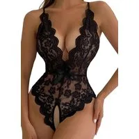 Lovolotti Body-Ouvert Sexy Spitzenbody Damen Dessous (Spitzen Body mit Tiefem V-Ausschnitt, Schleife Reizwäsche) Nachtwäsche Reizwäsche Sexy Unterwäsche Durchsichtig