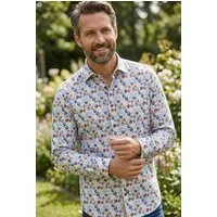 Haupt Langarmhemd Modern Fit Langarm Baumwoll-Herrenhemd Blumenprint Weiß Style Frühling