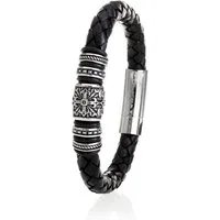 Karisma Lederarmband Herren geflochten – Lilienkreuz – Edelstahl Steckverschluss – Schwarz, Edelstahlelemente 316L LB-418-01 - 21.0 Zentimeter