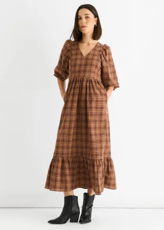Braunes Baumwoll-Midi-Kleid mit Puffärmeln und V-Ausschnitt