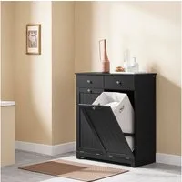 SoBuy Wäscheschrank BZR33, Badezimmerschrank mit Wäschekorb, Wäschesammler, Wäscheschrank mit 2 Schubladen & 2 Wäschekippern, 90L großer Kapazität, Badezimmer