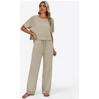 Imily Bela Hausanzug Damen 2-teilige Pullover-Sets (Set, 2 tlg., Strick-Crop-Tops mit Schlitz + High-Waist-Hosen) Volltonfarbe