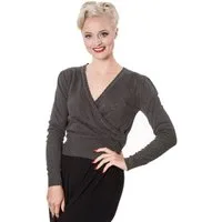 Banned Strickpullover Basic Instinct Grau Vintage Rockabilly Wickeltop