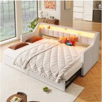 Merax Daybett 90x200cm/180x200cm mit Ausziehbett und 2 Schubladen (1 tlg), Tagesbett mit LED-Leiste, Schlafsofa mit Anschlüssen, Leinen