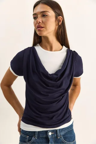 Damen T-Shirt mit Schalkragen und kurzen Ärmeln