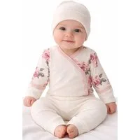 La Bortini Body & Hose Baby Anzug Langarmbody Schlupfhose Mütze Set Erstlingsset (Erstlingsset für Mädchen) aus Baumwolle, mit Blumen Muster, in Creme