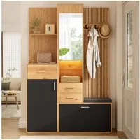 Merax Garderoben-Set mit Sitzbank, Schuhschrank, Spiegel, Klappschuhfach & Schubladen, (120 x 32 x 178 cm (L x B x H), 1-St), Kompaktgarderobe mit LED-Beleuchtung, Flurgarderobe mit Kleiderhaken