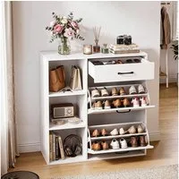 oyajia Schuhschrank Schuhkommode mit 2 Klappen,1 Schublade und 3 Ablagefächer (Schuhkommode Schuhkipper Schuhregal für 12 Paar, B 80 x H 90x T 30 cm)