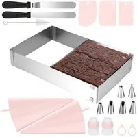 BlingBin Backrahmen Rechteckig Verstellbar, Tortenring Eckig mit Teiler, Spatel & Tüllen, Edelstahl, (19er Set, 1 tlg., 19 Stück), 5cm Hohe Backform, 28-53cm x 18-34cm Kuchenform für Backen