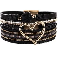 KARMA Lederarmband Lederarmband Herz vers. Farben Kunstleder Armband Damen modern (Beige Weiß oder Schwarz, Magnetverschluss Damenlederarmband Wickelarmband), Damenarmband Wickelarmband Herz Metall Leder Steine