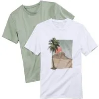 Beachtime T-Shirt, sommerliche T-Shirts, weiß mit frischem Palmen Druck (Packung, 2-tlg) Freizeitshirt mit Rundhals und Frontprint aus reiner Baumwolle