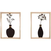 Home-trends24.de Wanddekoobjekt Vase Metall Wandbild Wand Deko Holz Rahmen 2er Set schwarz (2 St)