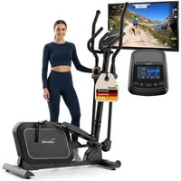 Skandika Crosstrainer für Zuhause Fint P8-R, Heimtrainer leise, 32 Stufen, 22 Programme (Transportrollen, Tablet-Halterung, Display-Anzeige), bis 120 kg, Kinomap App, 8 kg Schwungmasse, Handpulssensoren