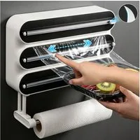 QUBEBU Wandrollenhalter 4-in-1 Küchenrollenhalter für Frischhaltefolie Alufolie Küchenpapier, (Frischhaltefolienspender mit Cutter, Haken, Magnetisch & ohne Bohren, Küchenrollenhalterung Alufolienspender Folienschneider Folienspender), Messerscharfe 