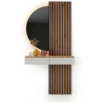 Planetmöbel Garderoben-Set AMYRA Flur Garderobe Spiegel mit Beleuchtung & Akustikpaneele, (LED Spiegel NIVORA 50 x 100 cm, Touch-Funktion, Dimmbar, Konsolentisch 100 cm mit moderner Front weiß), Akustikpaneele 2 x 120cm mit MDF-Latten & 5mm Filzplatt