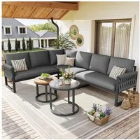 Merax Gartenlounge-Set L-förmiges Gartensofa-Set aus Eisen, (Gartenlounge Set mit verstellbaren Beinen & abnehmbaren Kissen, 5-tlg), 6-Sitzer Gartenmöbel Sitzgruppe mit Couchtische, 2-Sitzer-Sofa,Ecksofa
