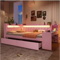 Merax Daybett 140x200cm mit LED-Beleuchtung und USB-Anschlüssen (Schlafsofa Sofabett Jugendbett Einzelbett aus Leinen, 1 tlg), Polsterbett Tagesbett mit 2 Schubladen und integriertem Schreibtisch