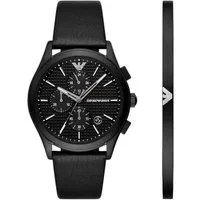 Emporio Armani Quarzuhr Herren Chronograph Uhren-Set Schwarz Leder AR80070SET, (2-tlg)