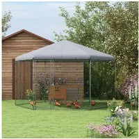 PawHut Hühnerstall 400 x 346 x 263 cm Freilaufgehege aus Stahl, für 10-15 Hühner, Kleintiere, Grau