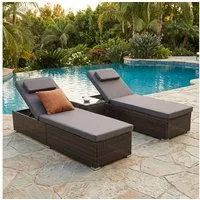 oyajia Gartenliege gepolsterte Rattan Sonnenliege 2er-Set, 2-Personen Polyrattan Sonnenliege, 1 St, für Außen in Braun, wetterfest, UV-beständig, verstellbar, Glastisch
