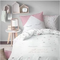 MTOnlinehandel Bettwäsche Sweet Dreams 135x200 + 80x80 cm, 100 % Baumwolle, Biber, 2 teilig, Sterne & Wimpern Bettwäsche für Kinder und Erwachsene in rosa & grau