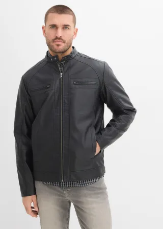 bonprix Lederimitat-Jacke in Regular Fit, schwarz, Gr.48/50 (M), Coole Bikerjacke mit Stehkragen, markanten Zipper-Taschen, gesteppten Einsätzen und angesagtem Used-LookLederimitat